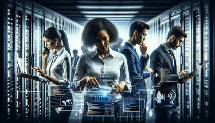 A diverse IT team in a modern data center providing technical support and customer service.