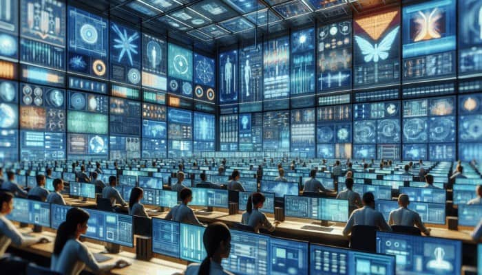 A vibrant control room with staff using tools for real-time communication, satisfied users interacting seamlessly.
