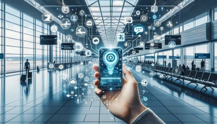 How AI Chatbots Improve Customer Service: Futuristic AI chatbot on smartphone providing instant travel updates and options to traveler at airport.