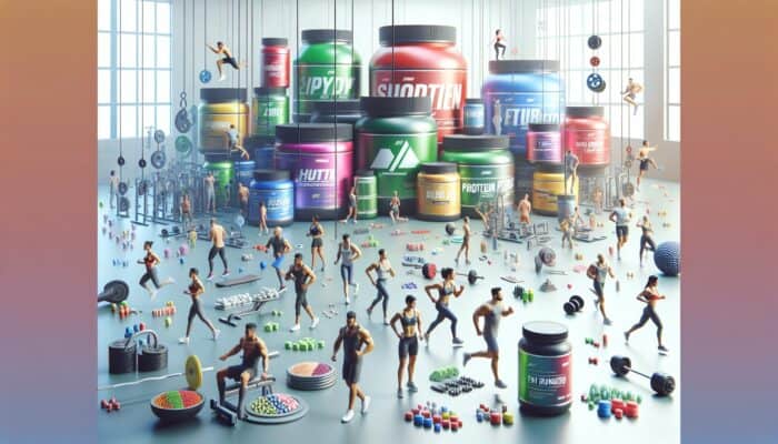 How to Choose the Right Supplement Audience: Groupe diversifié de personnes avec différents objectifs de fitness dans une salle de sport dynamique, entourés de suppléments.