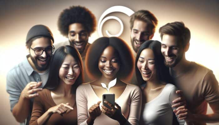 Leveraging User Reviews in Content Strategies: Diverse group reading positive reviews on smartphone, with trustworthy brand logo in background.