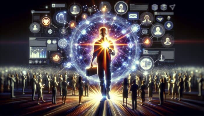 Leveraging Influencer Marketing for E-commerce: A charismatic influencer surrounded by social media icons engages an audience, boosting brand visibility in an e-commerce setting.