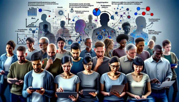 How to Market Hosting with Real-Time Monitoring: A diverse group using digital devices, surrounded by graphs analyzing their behaviors for marketing strategies.