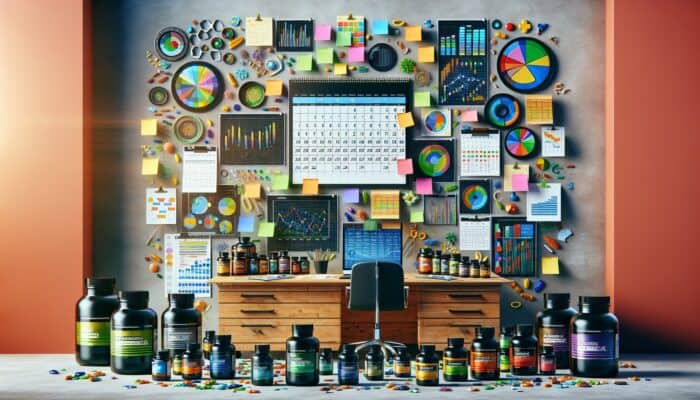 Creating a Supplement Content Calendar: A desk with a calendar, sticky notes, and supplement bottles, representing strategic content planning in the supplement industry.